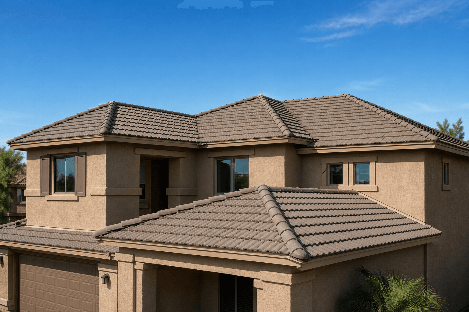 Finished concrete tile roof on a Chandler stucco home