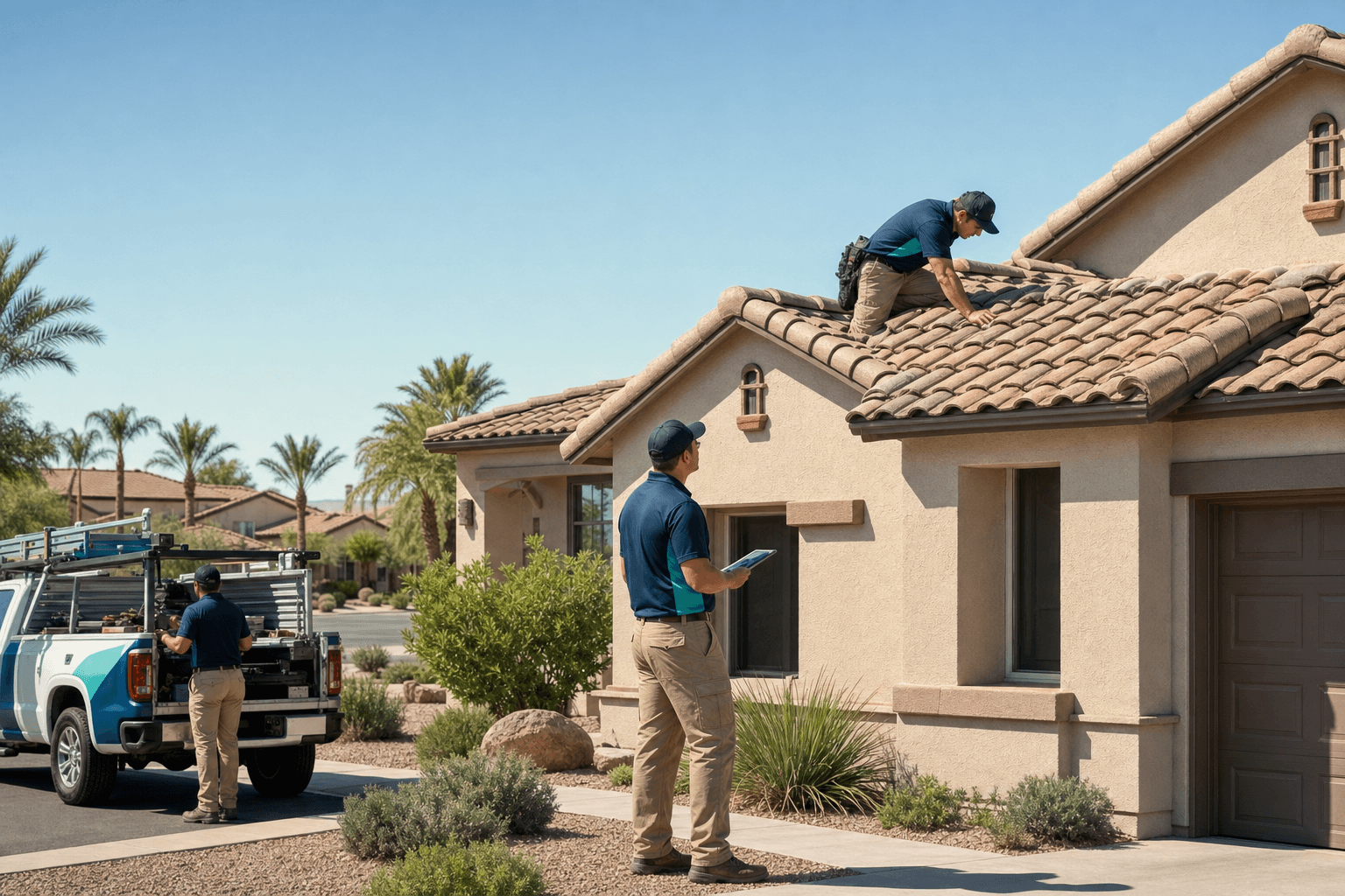 Chandler roofing crew inspecting a tile roof