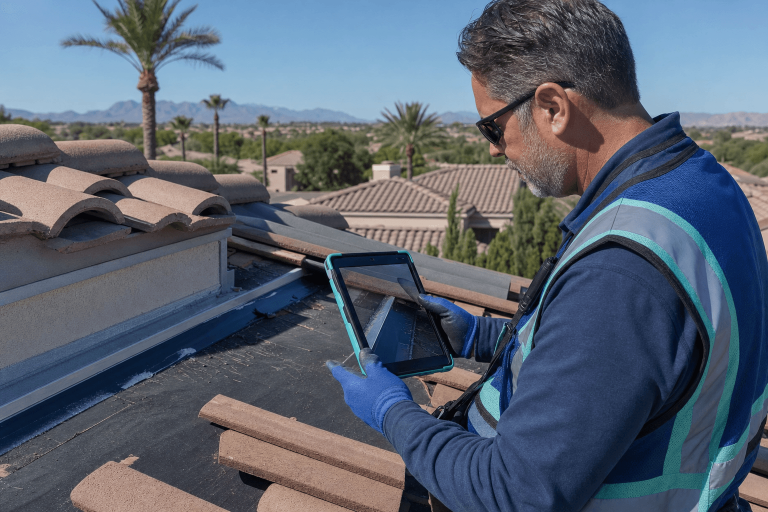 Roofing estimator documenting tile roof details with a tablet